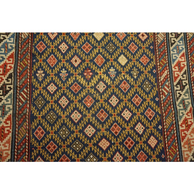 Late 19th Century 1890s Blue Navy Geometric Tribal Antique Caucasian Shirvan Rug ( 3'4" X 4'2" Handknotted Wool Carpet For Sale - Image 5 of 9