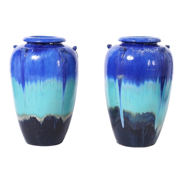 Pair of Mid Century Chinese Glazed Terra Cotta Urns For Sale