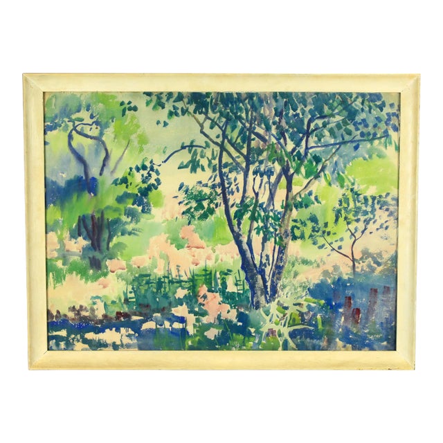 Vintage Marjorie Very American Watercolor Pointillist Painting of a Wooded New England Landscape For Sale