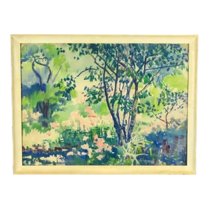 Vintage Marjorie Very American Watercolor Pointillist Painting of a Wooded New England Landscape
