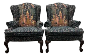 Pair of Vintage Tapestry Wingback Armchairs With Medieval Hunt Scene Fabric