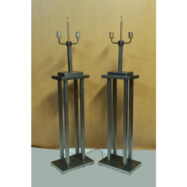 Metal Mid Century George Kovacs Style Skyscraper Steel Architectural Floor Lamps with Shades For Sale - Image 7 of 11