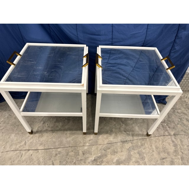 Set of two white wood Serena and Lily unmarked lamp tables with gorgeous silvered tray top that Is removable. Lovely...