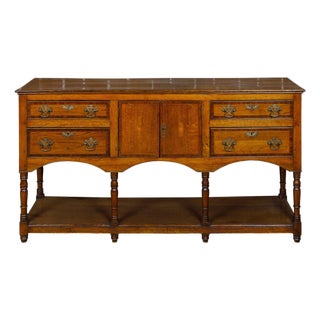 English 19th Century Oak Dresser Base with Marquetry, Doors and Drawers For Sale