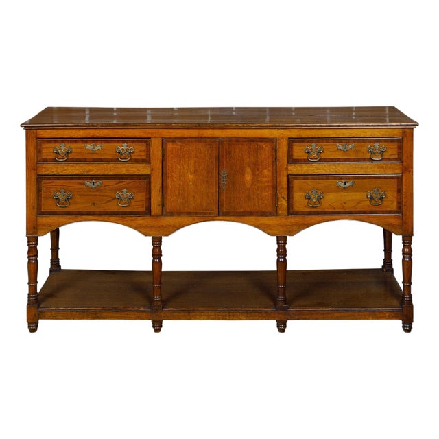 English 19th Century Oak Dresser Base with Marquetry, Doors and Drawers For Sale