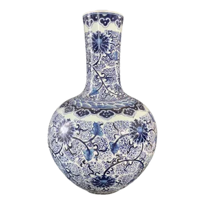 Chinoiserie Blue & White Porcelain Onion Shape Chrysanthemum Vase 21" H