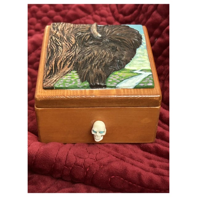 Wood Ooak, Carved,Wood, Buffalo Box/Skull Turquoise For Sale - Image 7 of 10