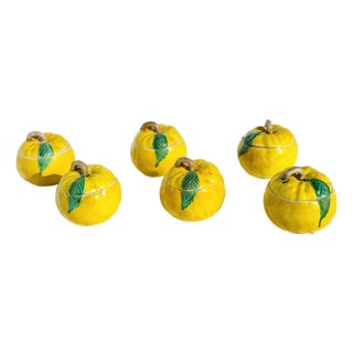 Set of 6 Antique Japanese Ceramic Yuzu Fruit Boxes, Hand-Painted Yellow Citrus Containers For Sale