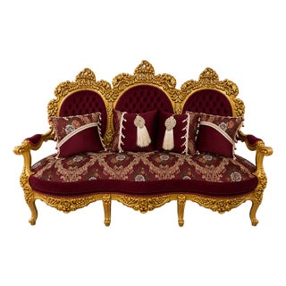 French Baroque Style Burgundy Velvet Settee – Ornate Gold Leaf Frame With Decorative Pillows For Sale
