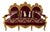 French Baroque Style Burgundy Velvet Settee – Ornate Gold Leaf Frame With Decorative Pillows For Sale