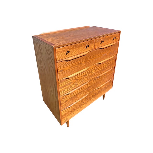 Brown Vintage Mid Century Modern Oak and Cane Floating Highboy Tall Dresser Chest of Drawers For Sale - Image 8 of 11