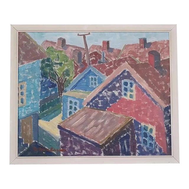1950s Mid Century Swedish Modernist Cityscape Oil Painting by G. Axelsson For Sale