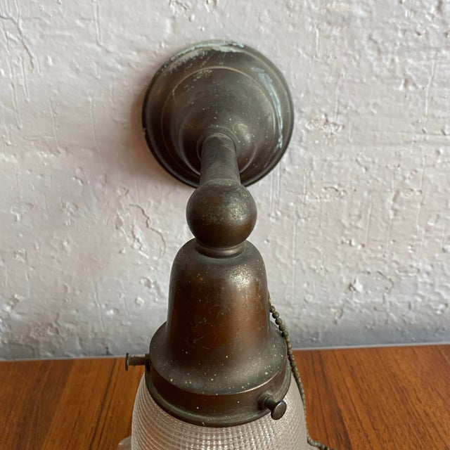 Metal Antique Industrial Steel Wall Sconce With Holophane Glass Shade For Sale - Image 7 of 12