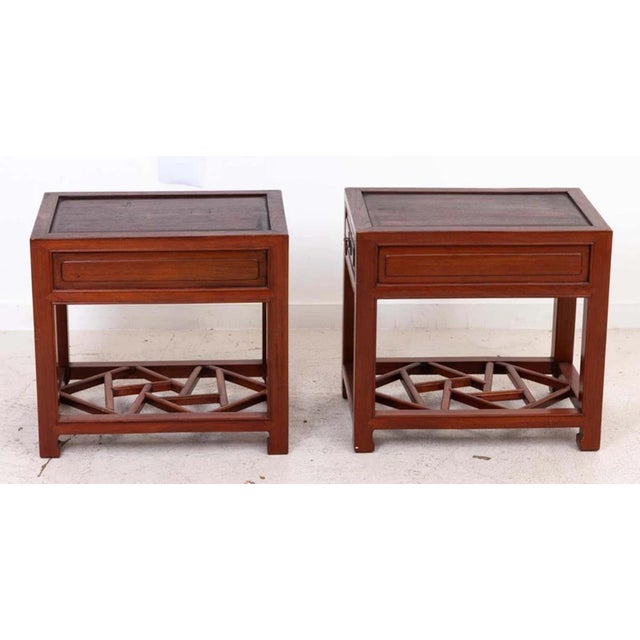 Chinese Pair of Antique Chinese End Tables, Early 20th Century, Lattice Shelf For Sale - Image 3 of 12