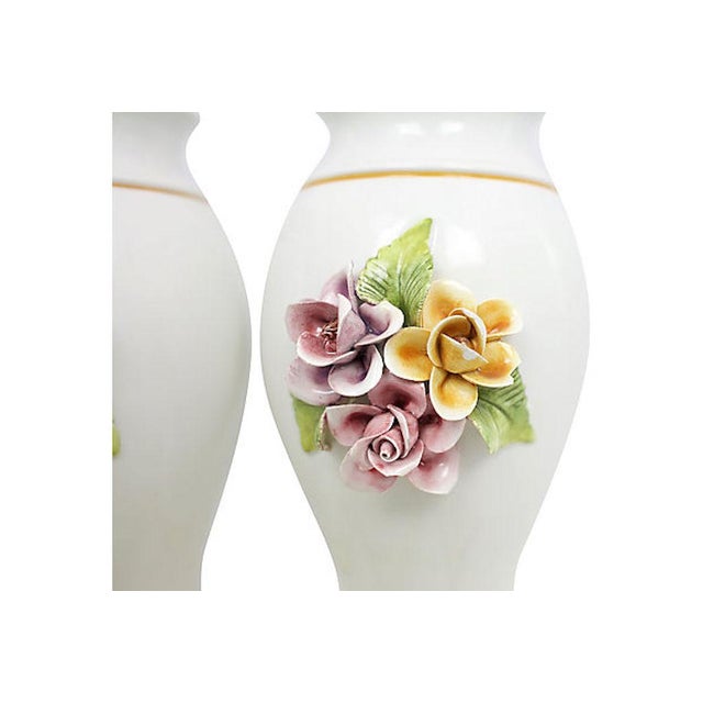 Pair of mid-century Italian porcelain ginger jars with Capodimonte-style flower motif. Original label reads "Ardalt Made...
