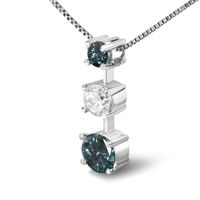 Contemporary 14K White Gold 1 1/2 Cttw Treated Blue and White Diamond 3-Stone 18" Pendant Necklace For Sale - Image 3 of 5