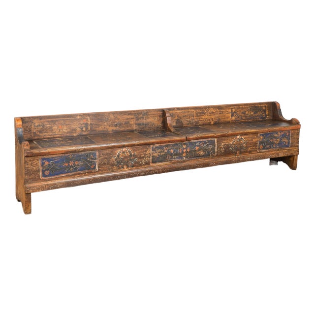 Original Hand Painted Long Pine Bench Dated 1933 For Sale