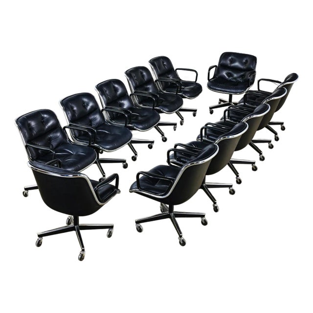 MCM to Modern Set of 12 Executive Armchairs by Charles Pollock for Knoll Black Leather & 4 Prong Swivel Base For Sale