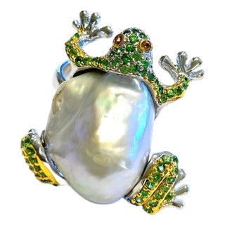 Bochic “Orient” Vintage White Sea Pearl & Emeralds Ring Set In 18K Gold & Silver For Sale