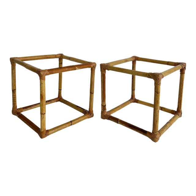 1970s Pair of Mid-Century Rattan Side Tables, Glass Top, Coastal For Sale