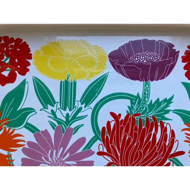 In full bloom and bursting with color! Dated to 2002 by the sticker on the bottom, this enameled tray in nice condition...