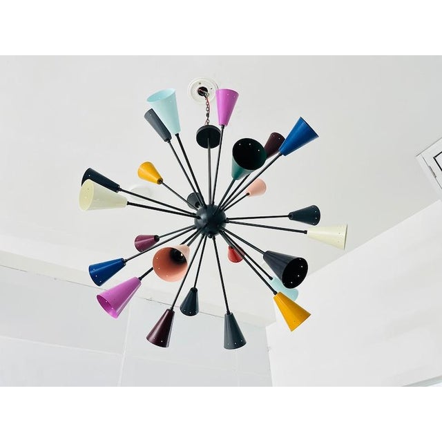 Mid Century Modern Multicolor Sputnik Chandelier, Large Colorful Cone Shade Pendant Light, Stilnovo Style Ceiling Fixture For Sale - Image 6 of 8
