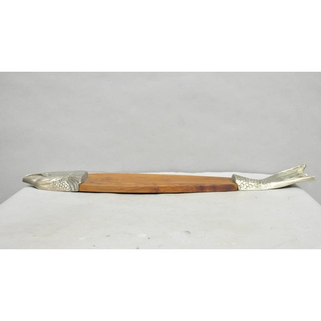 Vintage Mid Century Modern Teak Wood & Metal Fish Serving Platter Cutting Board For Sale - Image 12 of 13