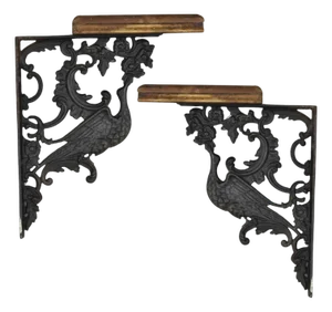 Antique Art Nouveau Cast Iron Figural Phoenix Bird Wall Shelf Brackets - A Pair