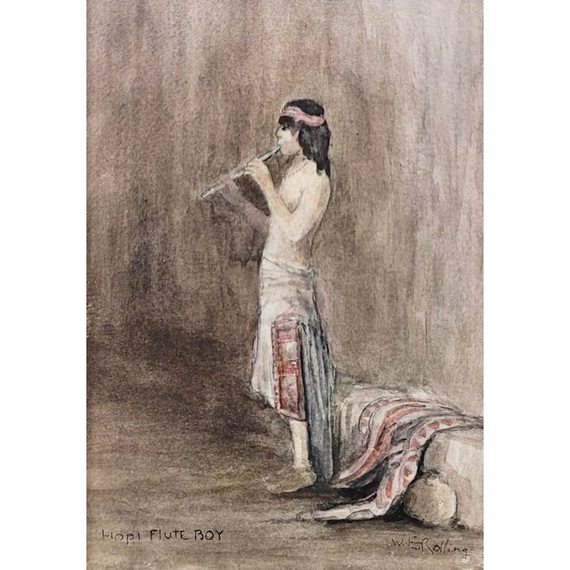 Indian Warren Eliphalet Rollins -Hopi Indian Playing the Flute-Oil Painting-C1910s For Sale - Image 3 of 9
