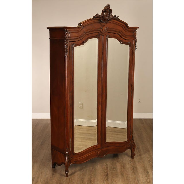 French Louis XV Style Antique Carved Mahogany Mirrored Armoire For Sale - Image 4 of 18