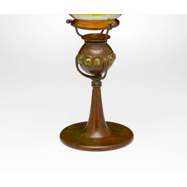 1900 - 1909 Antique Tiffany Studios Jeweled Favrile Glass Candle Lamp, Patinated Bronze Base For Sale - Image 5 of 12