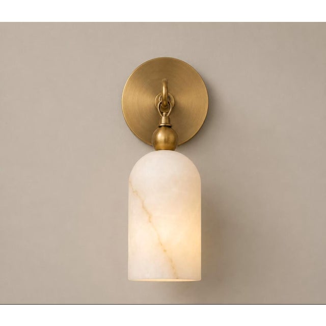 Handcrafted Brass Wall Sconce With Natural Alabaster Cylinder Shade | Sculptural Accent Light For Sale - Image 4 of 6