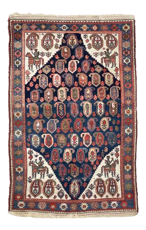1930s Persian Malayer 4-Horsemen Protecting the Seeds of Life Rug, 4.4 x 6.10