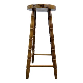 Vintage English Turned Leg Wooden Round Stool For Sale