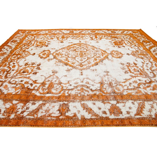 Overdyed Antique Orange Wool Rug With Medallion Motif For Sale In New York - Image 6 of 11
