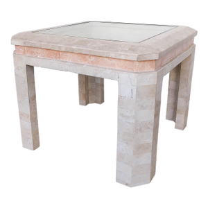 Teselated Travertine Stone Marble and Glass Side Table