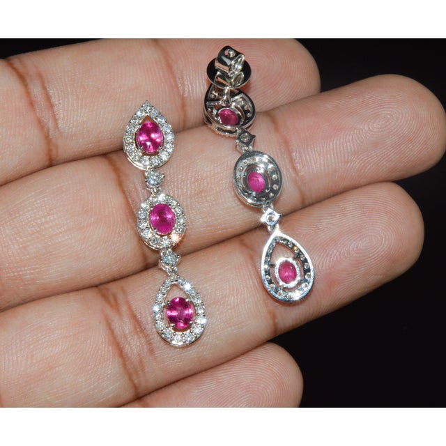 Metal Late 20th Century Pair of Gia 3.99ctw Natural Burma Ruby & Diamond 18k White Gold Dangle Earrings For Sale - Image 7 of 13