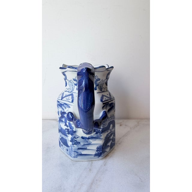 1980s Vintage Style Chinoiserie Blue & White Octagonal Pitcher Vase - Figural Serpent Dragon Handle.. For Sale - Image 5 of 11