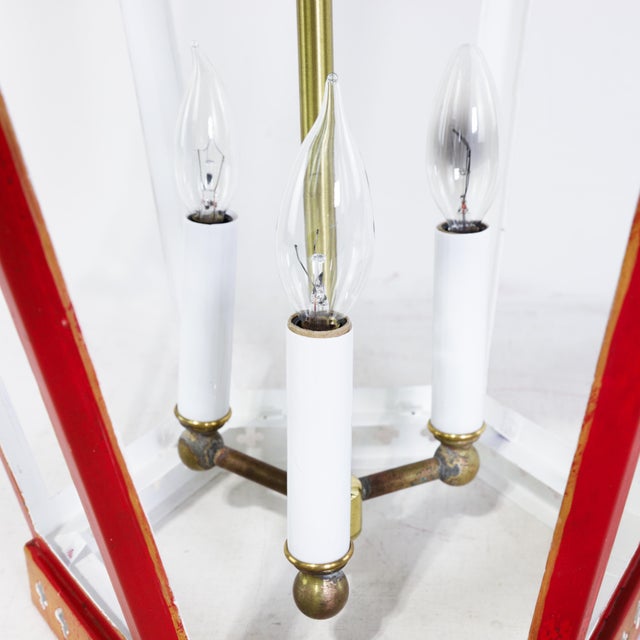 Vintage Chinoiserie Red Tole Hanging Lantern Chandelier With Brass Bells For Sale - Image 10 of 14