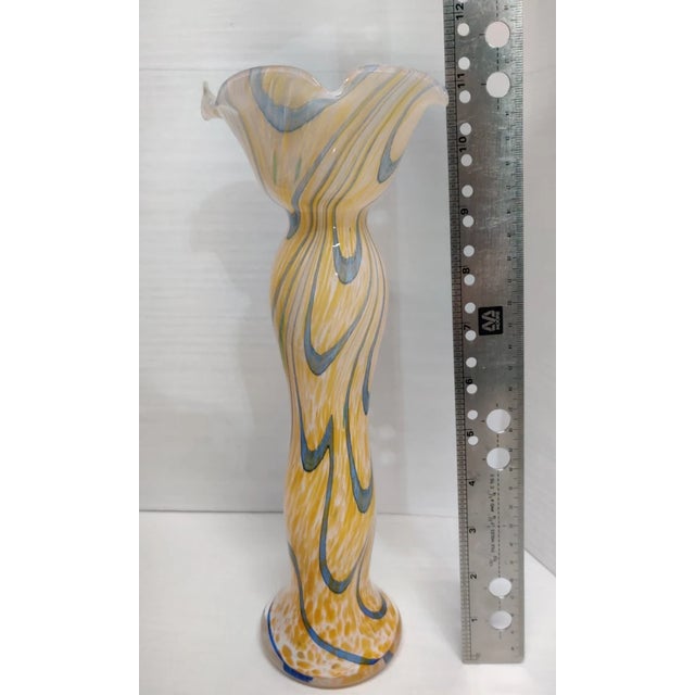 Mid-Century Modern Vintage Murano Lavorazione Arte Italy Yellow Blue Swirl Glass Vase 11"h For Sale - Image 3 of 8