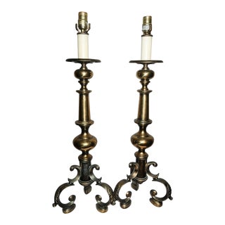 Pair of Mid-Century Tall Hollywood Regency Rococo Brass Candlestick Lamps...possibly Vintage Chapman Lamps For Sale