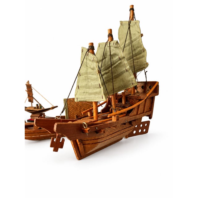 Mid 20th Century Set of Four Wooden Boat Models With Sails, Covered Boat and Hawaiian Outrigger For Sale - Image 4 of 9