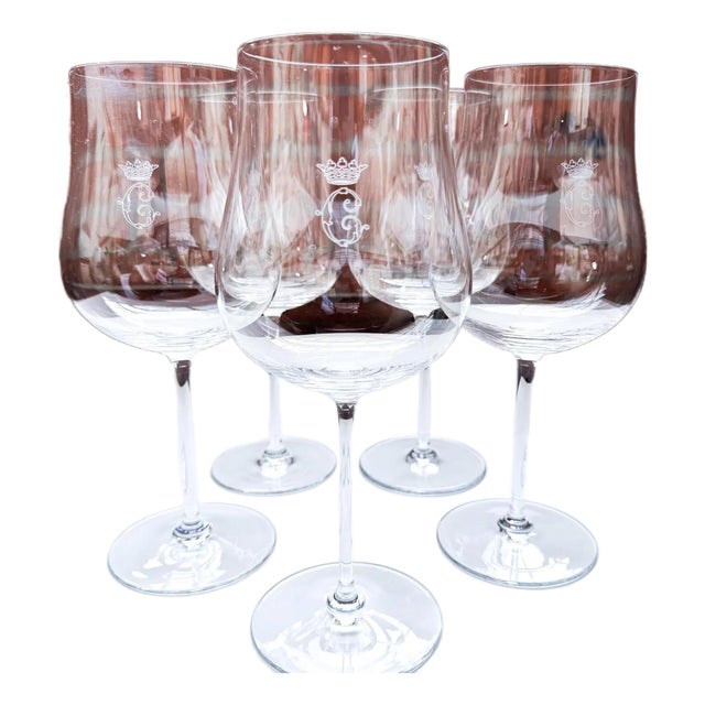 1980s Cristal de Sèvres Red Wine Glasses: Crowned Monogram French Crystal Stemware - Set of 5 For Sale