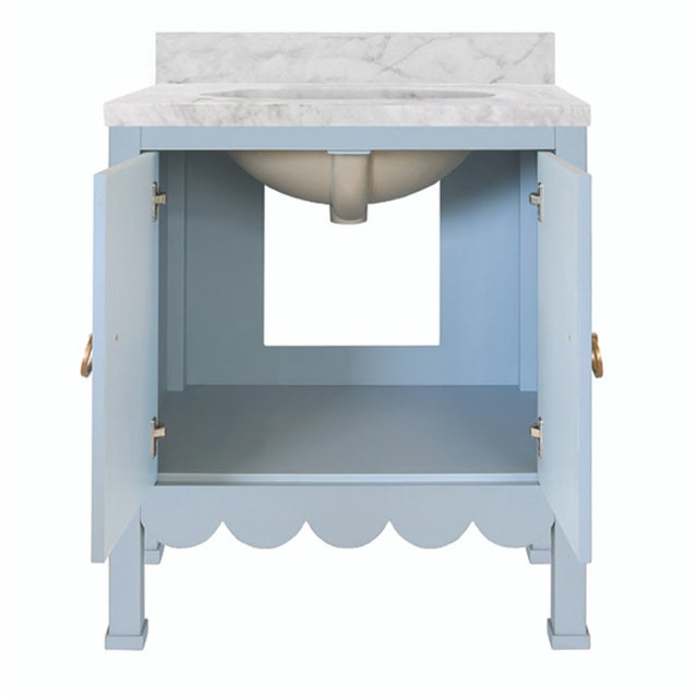 Worlds Away Matthew Izzo Home Kealy Light Blue Matte Lacquer Two Door, Single Porcelain Sink Bath Vanity With Carrara Marble Top and Brass Hardware For Sale - Image 4 of 7