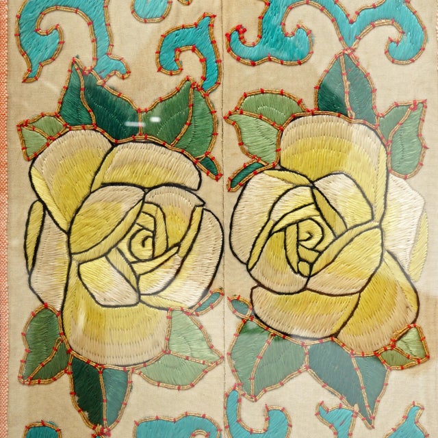 Chinese Republic Era Silk Rose Robe Sleeve Bands Framed 1920’s For Sale - Image 4 of 8