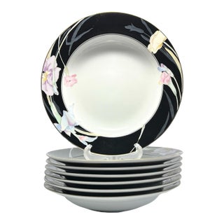1980s Mikasa “Charisma, Black” Set of 7 Porcelain Rim Soup Bowls For Sale