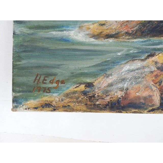 Vintage 1975 oil on canvasboard painting of Hendricks lighthouse, Maine as seen from south Boothbay. Signed H. Edge and...