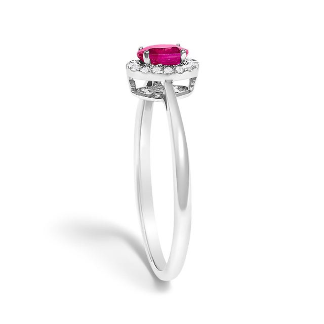 Early 21st Century 10K White Gold 5X3MM Oval Red Ruby and Diamond Accent Halo Ring (I-J Color, I1-I2 Clarity) - Ring Size 8 For Sale - Image 5 of 7
