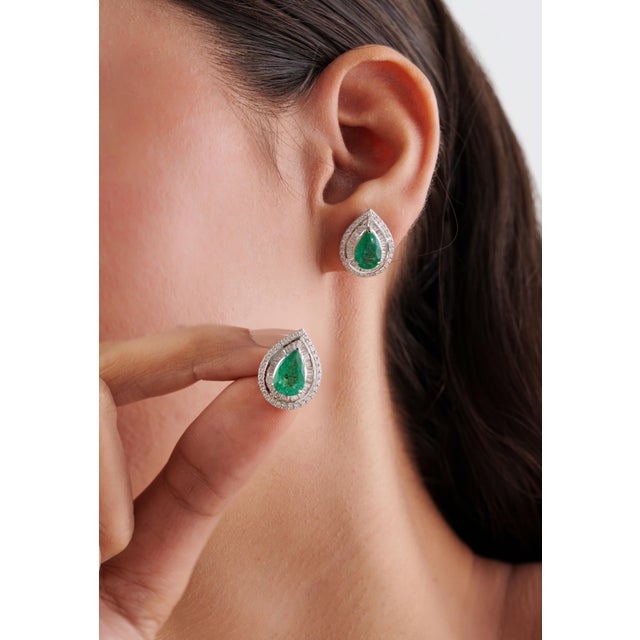 3.16ct Emerald & 1.2ct Diamond Double Halo Cluster Earrings in 18k White Gold- 2 Pieces For Sale In New York - Image 6 of 17