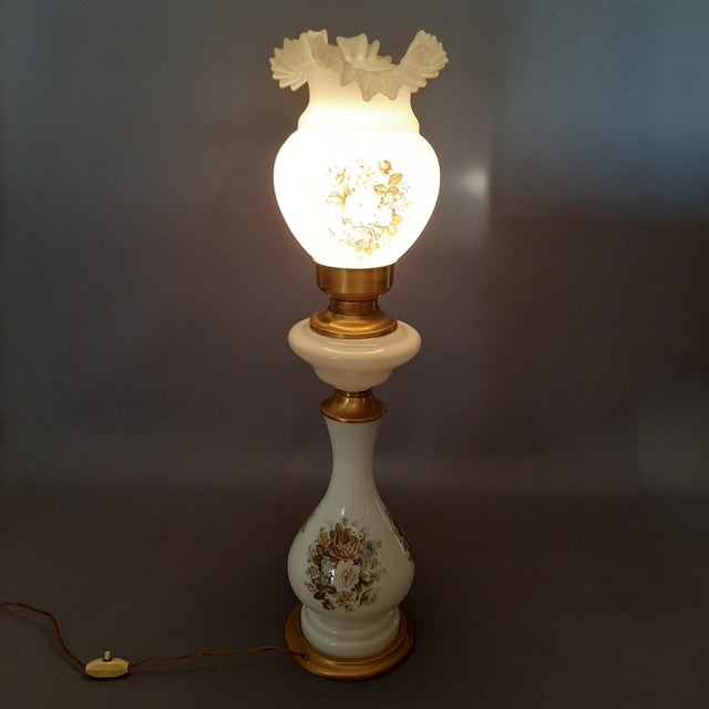 Forest Green Large Brass Glass Table Lamp with Floral Motifs, 1960s For Sale - Image 8 of 18